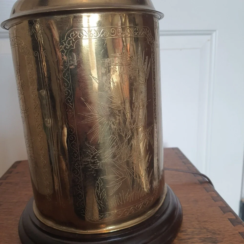 Vintage Ornate Brass Table Lamp- Asian Floral Engraving- Decorative Collectable